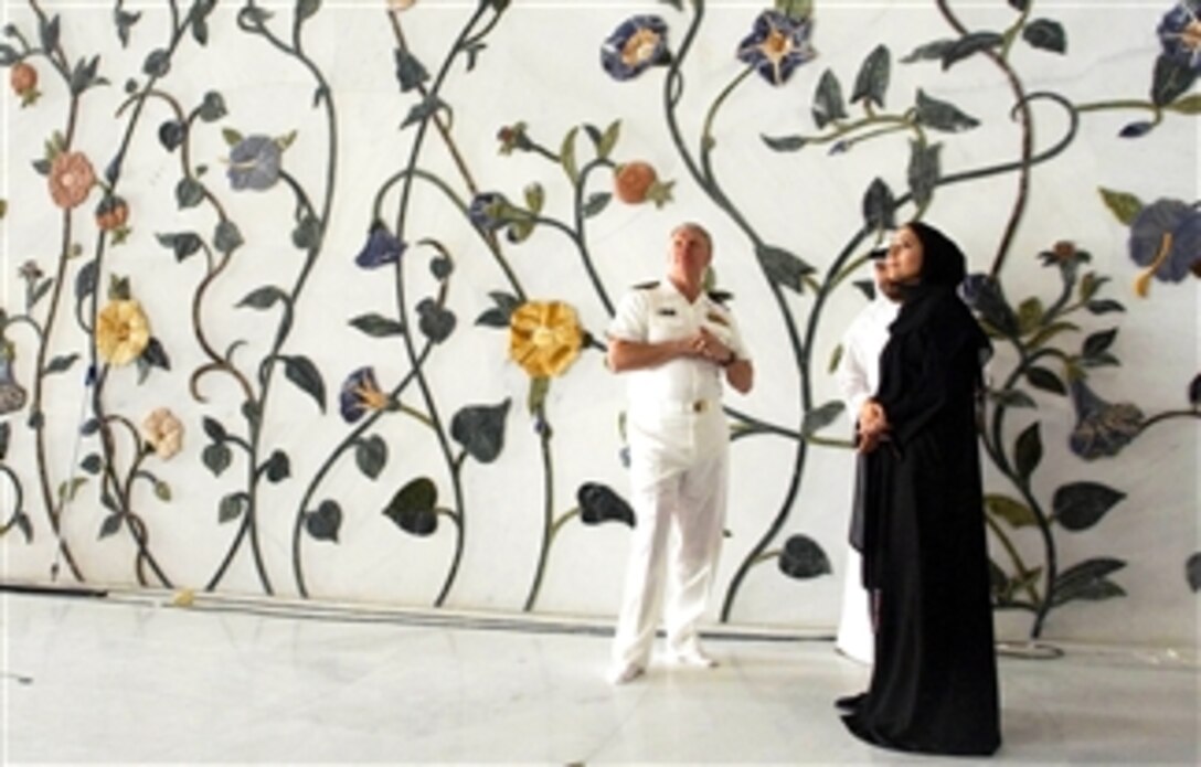 U.S. Navy Adm. Gary Roughead,  chief of Naval Operations, tours the Sheika Zayed Grand Mosque in Abu Dhabi, United Arab Emirates, April 16, 2008. Roughead is visiting Naval Forces Central Command to strengthen international maritime partnerships. 