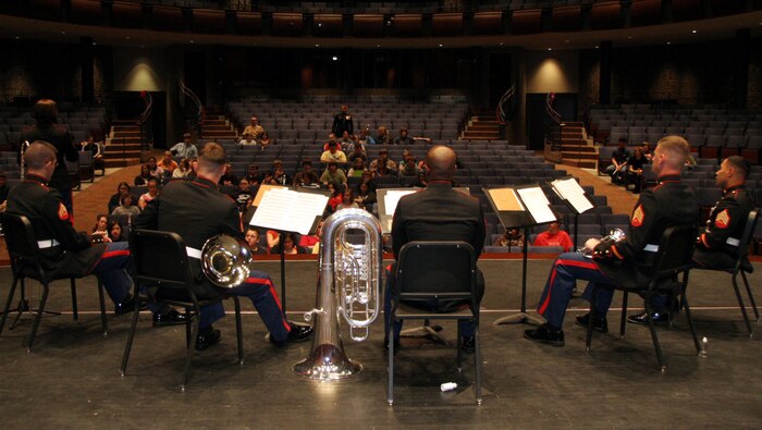 Members of the brass quintet from the Marine Corps Air Ground Combat Center Twentynine Palms, Calif., perform at Thornapple-Kellogg High School, Kalamazoo, Mich. April 22. The quintet went on a five-day tour of Recruiting Station Lansing April 21-25, performing for the public and offering clinics for students.