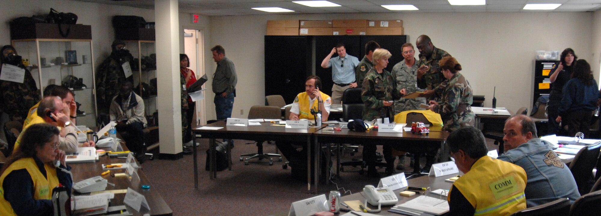 The Emergency Operations Center (EOC) is the central command and control authority behind every disaster. They provide strategic direction in the mitigation and recovery of the accident. Some one hundred disaster responders and injured actors participated in a mass casualty exercise held on the flight line at the base. Several local hospitals also participated in the exercise held at March Air Reserve Base, California. An emergency medical crew from Mercy Air airlifted simulated casualties. The exercise involved several community partners, such as Riverside EMS, AMR and Mission ambulance. (U.S. Air Force photo by 4th CTCS)