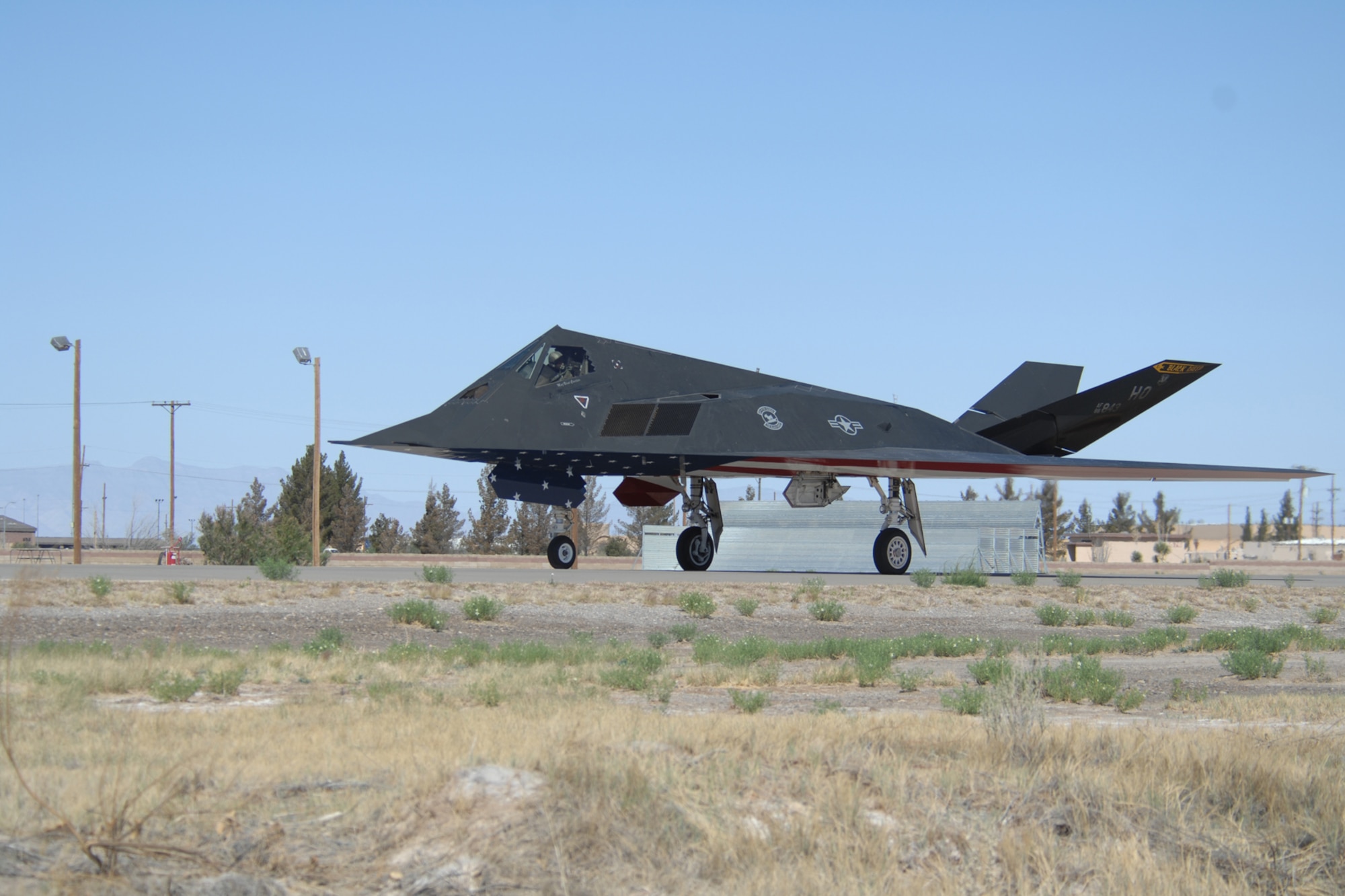 HOLLOMAN AIR FORCE BASE N.M.--An F-117A Nighthawk, tail number 843, taxis to the runway April 21, 2008. Flown by 49th Operations Group Commander Col. Jack Forsythe, the Nighthawk was the lead aircraft in the final F-117A flyby during the Sunset Stealth retirement ceremony here. (U.S. Air Force photo/Airman 1st Class Jamal D. Sutter)