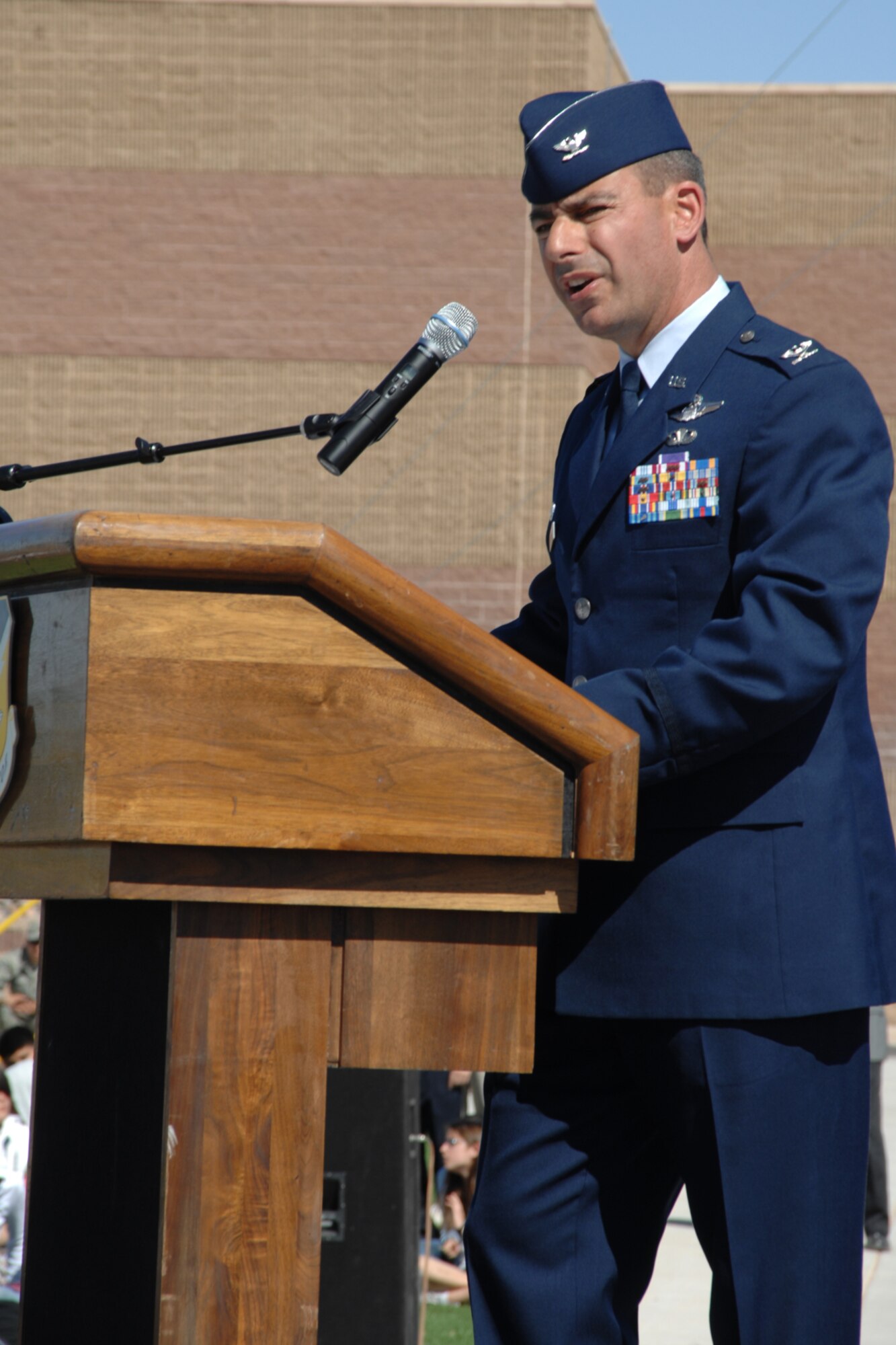 HOLLOMAN AIR FORCE BASE, N.M.--Col. Jeff Harrigian, 49th Fighter Wing commander, gives a speech during the Sunset Stealth F-117A retirement ceremony April 21, 2008, here at Heritage Park. The Sunset Stealth retired the final four F-117s as they flew in formation on their way to Tonopah, Nev., their final resting spot. (U.S. Air Force photo/Airman 1st Class Jamal D. Sutter)
