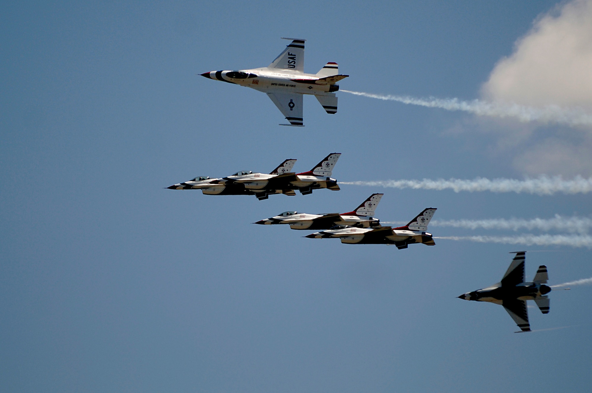 The Thunderbirds practice an aerial maneuver when they arrive at Charleston AFB Monday. The Thunderbirds will be maneuvers at the 2008 "Wings Over Charleston" Air Expo at Charleston AFB Saturday. (U.S. Air Force Photo/Senior Airman Nicholas Pilch)