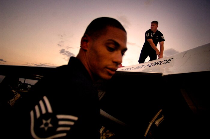 Tech. Sgt. David Batterson and Staff Sgt. Walter Jenkins prepare Thunderbird Eight to be parked overnight on the Charleston AFB flightline Sunday. Sergeant Batterson and Jenkins are crew chiefs with the Thunderbirds advance team. The Thunderbirds will be performing at the "Wings Over Charleston" 2008 Air Show Saturday. (U.S. Air Force photo/Senior Airman Nicholas Pilch) 
