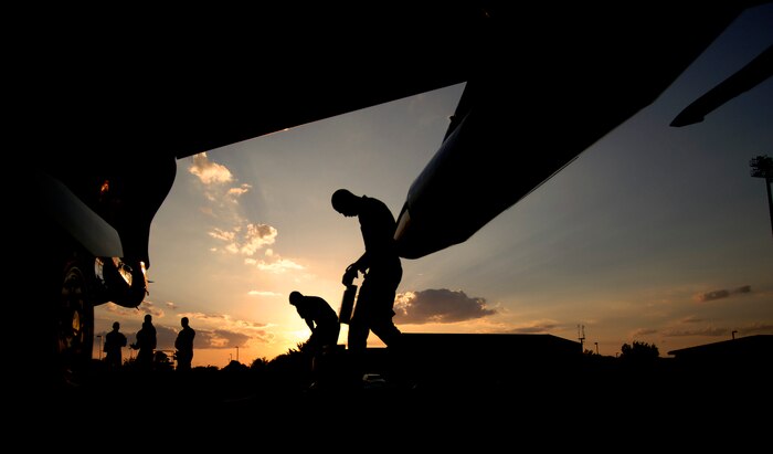 Tech. Sgt. David Batterson and Staff Sgt. Walter Jenkins prepare Thunderbird Eight to be parked overnight on the Charleston AFB flightline Sunday. Sergeants Batterson and Jenkins are crew chiefs with the Thunderbirds advance team. The Thunderbirds will be performing at the "Wings Over Charleston" 2008 Air Show Saturday.  (U.S. Air Force photo/Senior Airman Nicholas Pilch)