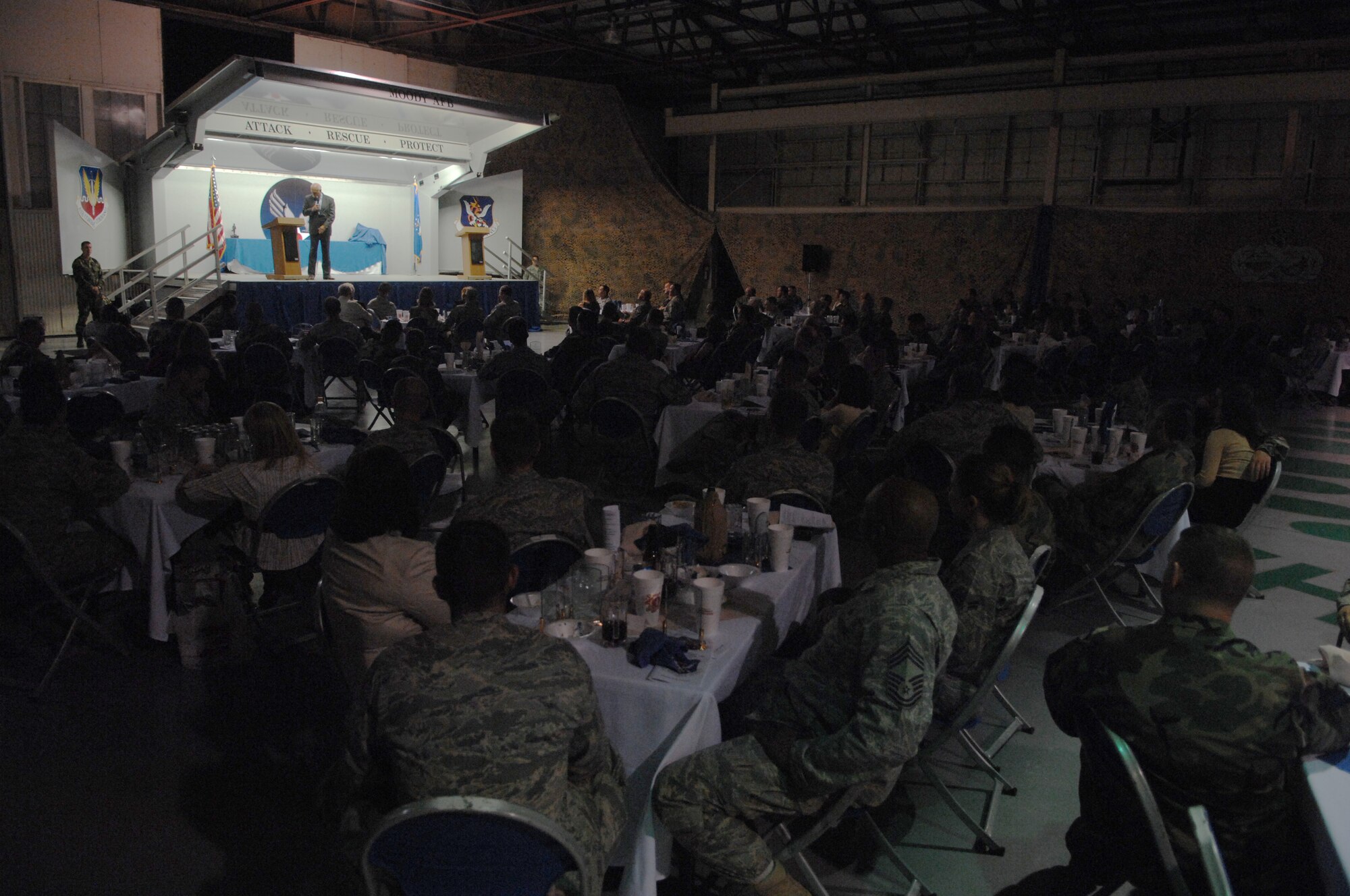 MOODY AIR FORCE BASE, Ga. -- Moody personnel listen to the guest speaker at the Maintenance Professional of the Year ceremony here April 19. The awards are presented annually to maintenance professionals who make exceptional contributions to mission readiness throughout the year. (U.S. Air Force photo by Senior Airman Gina Chiaverotti)
