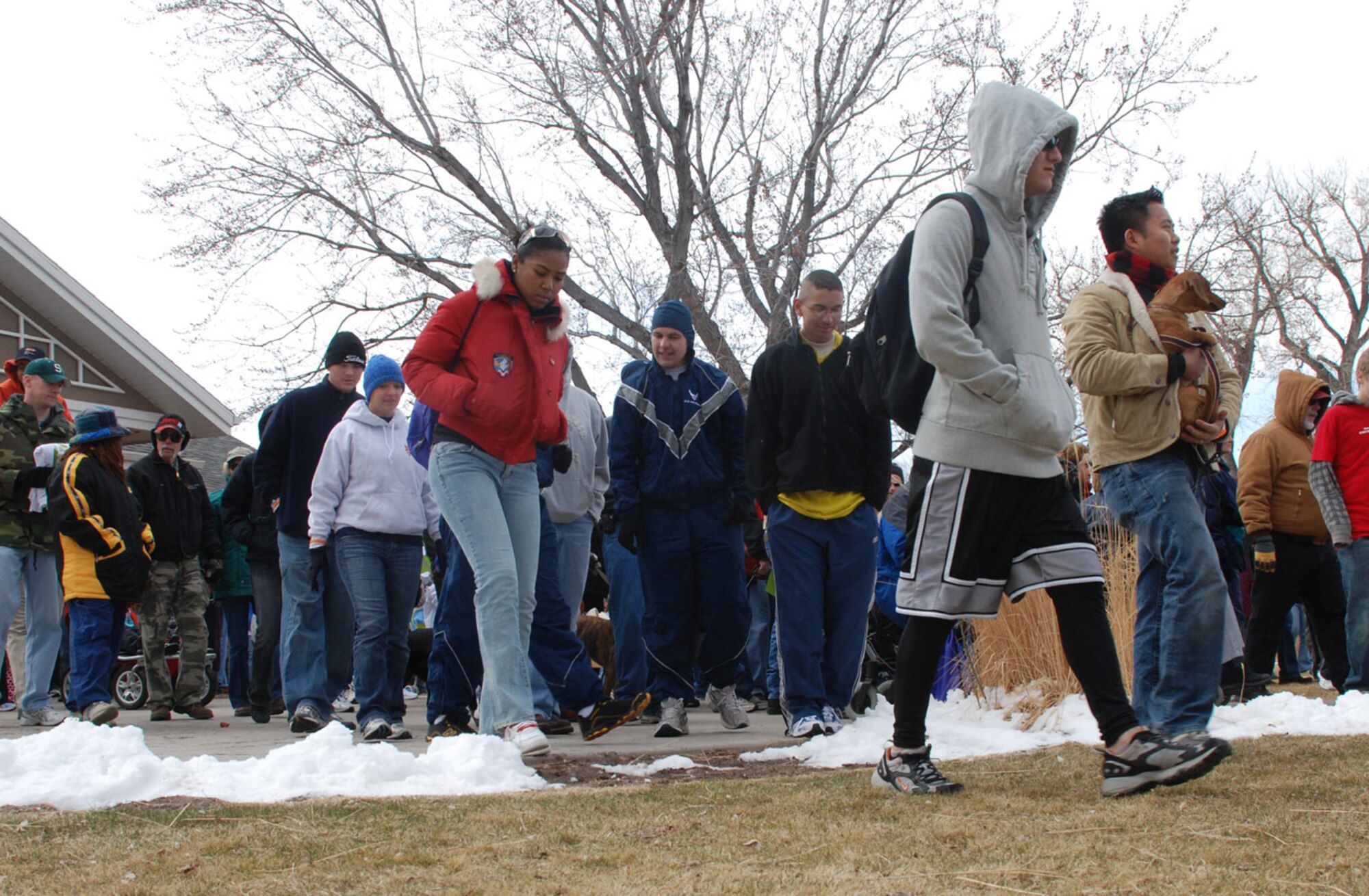 Many people begin the multiple sclerosis three-mile walk at Lion’s Park April 12. The non-profit National Multiple Sclerosis Society hosted the event. Some Warren Airmen created teams to enter into the walk and donate money to the organization. The society uses the money to further advancements in MS care (U.S. Air Force photo/Airman 1st Class Daryl Knee).
