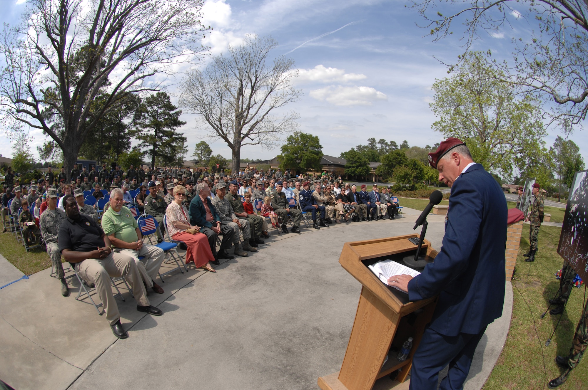 MOODY AIR FORCE BASE, Ga. – Lt. Col. Charles Metrolis, 38th Rescue Squadron commander, speaks during a memorial re-dedication ceremony for Airman 1st Class William Pitsenbarger here April 18.  Airman Pitsenbarger was posthumously awarded the Silver Star and later the Congressional Medal of Honor for his actions during a rescue operation April 11, 1966. (U.S. Air Force photo by Senior Airman Angelita Lawrence)