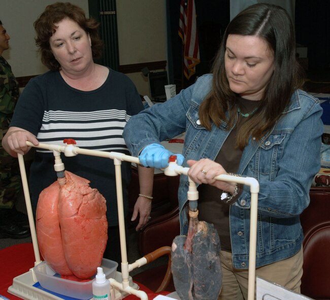 DYESS AIR FORCE BASE, Texas -- Two sets of pig lungs are inflated by Brenda Barrier (left) and Mindy Murray at the Hangar Center during the Parenting University April 17. The lungs were used to simulate the difference between  a non-smoker (left) and a lung of a person that smokes. (U.S. Air Force Photo by Airman 1st Class Micheal Breaux)