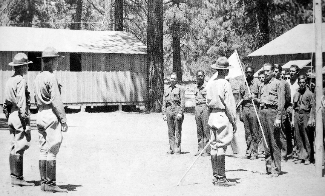U.S. Army officers conduct a formation at a Civilian Conservation Corps camp during the 1930s.  More than 30,000 Organized Reserve Corps officers managed some 2,700 CCC camps during the Great Depression.  