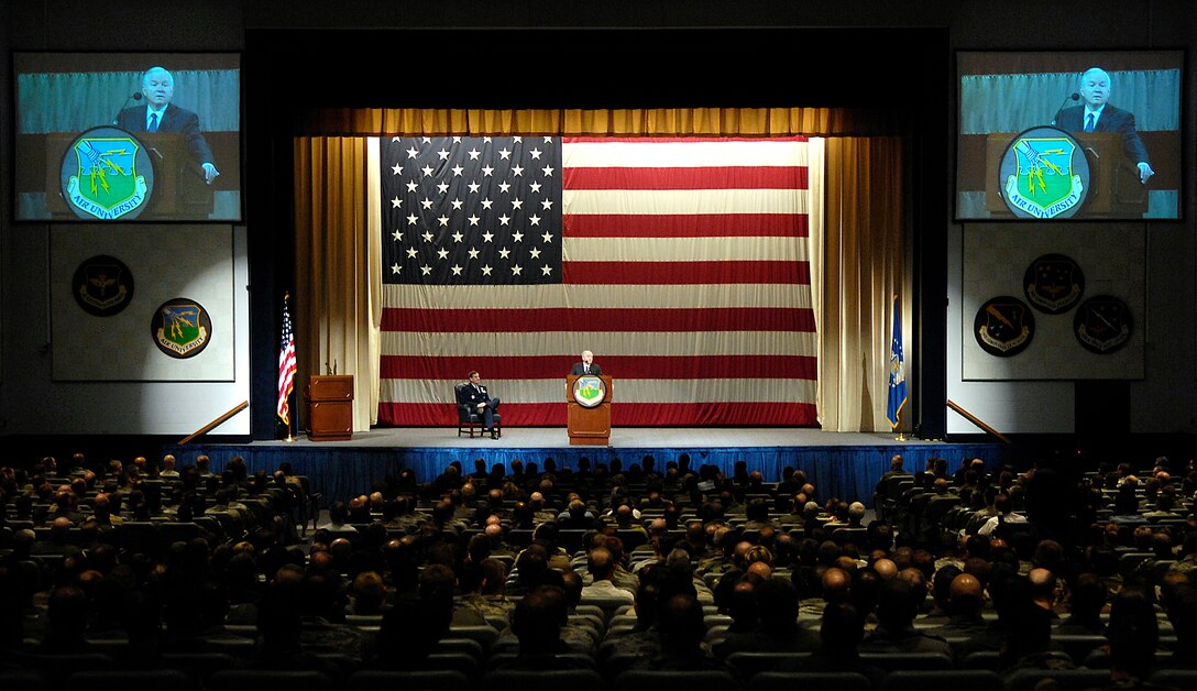 U.S. Defense Secretary Robert M. Gates speaks to students of the Air War College and the Air Command and Staff College in Polifka Auditorium, Maxwell Air Force Base, Ala., April 21, 2008.  