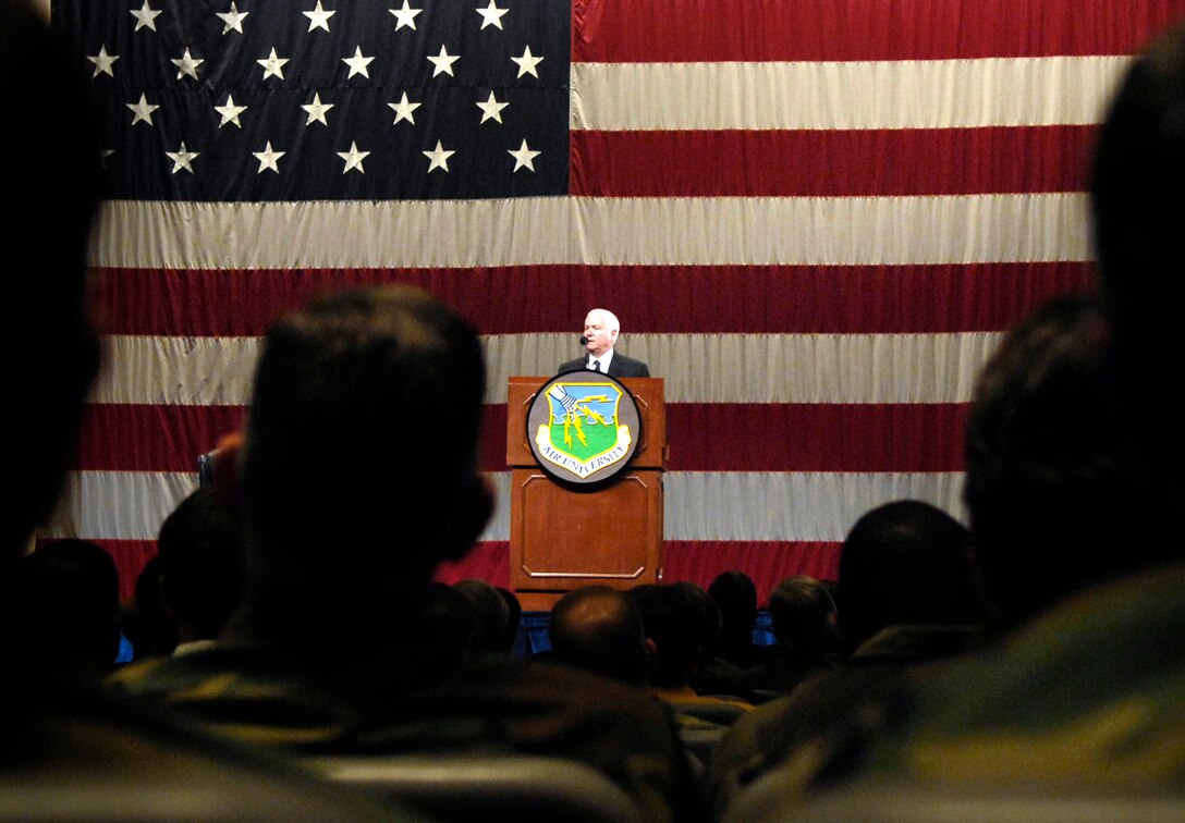 U.S. Defense Secretary Robert M. Gates speaks to students of the Air War College and the Air Command and Staff College at Polifka Auditorium, Maxwell Air Force Base, Ala., April 21, 2008.  