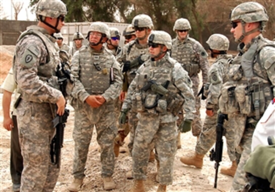 U.S. Army Lt. Gen. Charles Jacoby talks to Multinational Division Baghdad soldiers in Baghdad's Taji Qada district, April 16, 2008. Jacoby is the commanding general of I Corps, based out of Fort Lewis, Wash., and the soldiers are assigned to the 25th Infantry Division's 2nd Stryker Brigade Combat Team "Warriors."