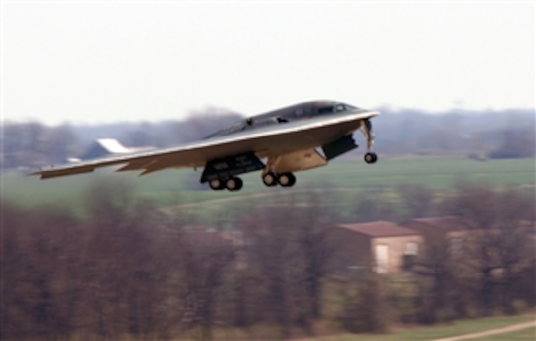 U.S. Air Force Col. Tom Bussiere and Maj. Rich Collins take off in a B-2 Spirit named the Spirit of Florida, April 15, 2008, at Whiteman Air Force Base, Mo. The flight was the first since a B-2 crashed in Guam in February. Bussiere is the 509th Operations Group commander, and Collins is assigned to the 394th Combat Training Squadron. 