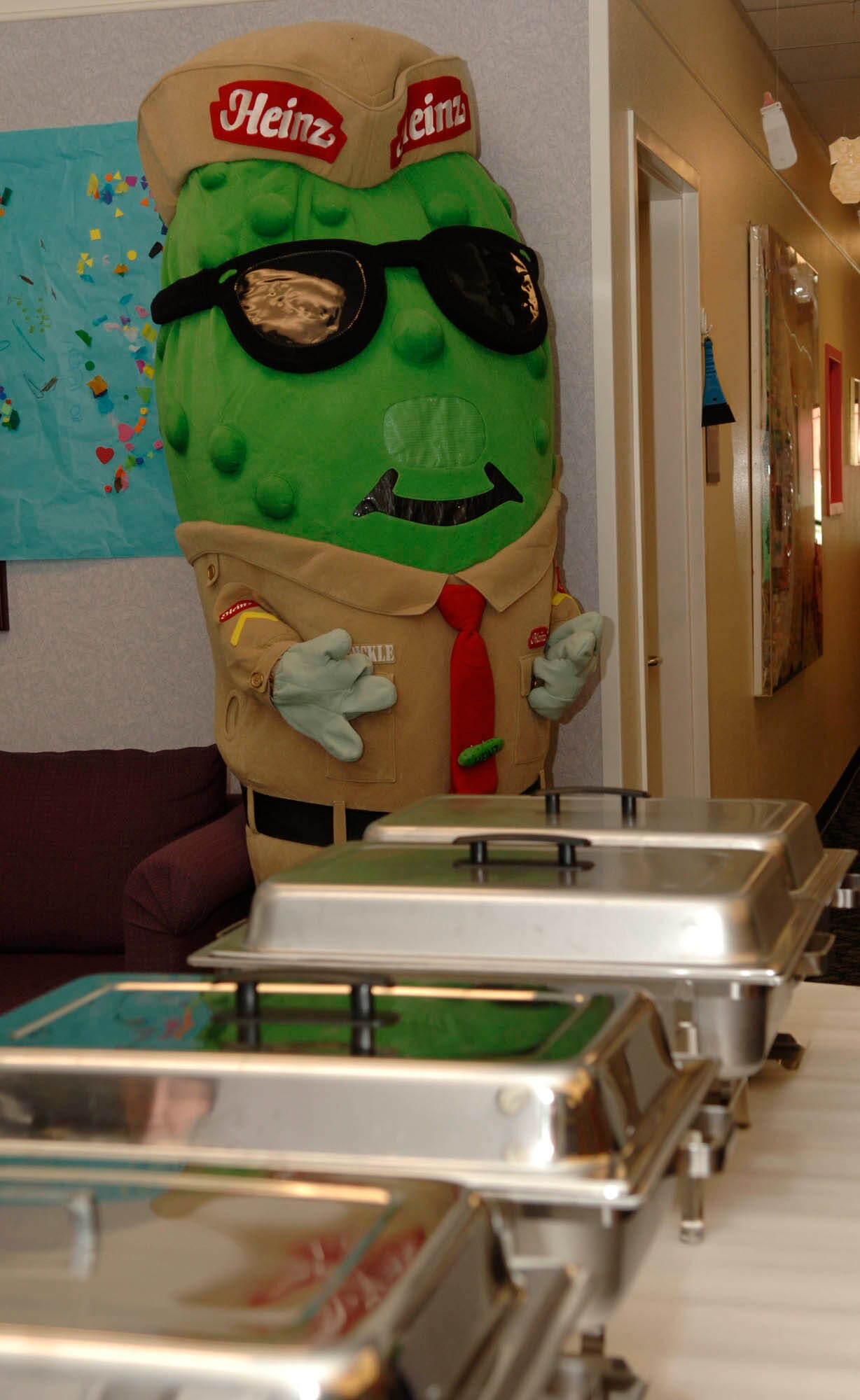 FAIRCHILD AIR FORCE BASE, Wash. – Private Pickle, mascot for Heinz, waits for the Spaghetti Feed to start at the Child Development Center here April 18. Private Pickle visited the CDC during the official Month of the Military Child to educate the children on safety and strangers. (U.S. Air Force photo / Airman 1st Class Darlene West)