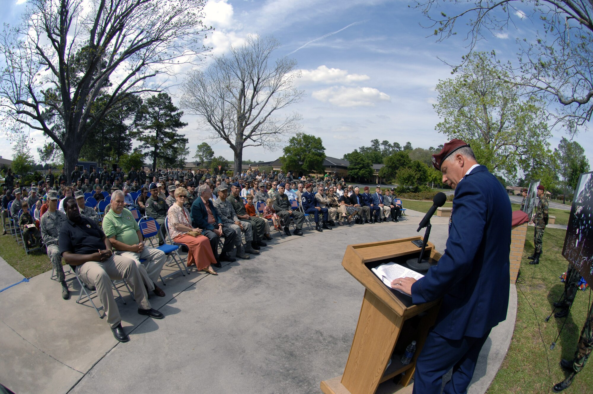 Lt. Col. Charles Metrolis speaks during a memorial re-dedication ceremony for Airman 1st Class William Pitsenbarger at Moody Air Force Base, Ga., April 18. Airman Pitsenbarger was posthumously awarded the Air Force Cross and later the Medal of Honor for his actions during a rescue operation April 11, 1966. Colonel Metrolis is the 38th Rescue Squadron commander, (U.S. Air Force photo/Senior Airman Angelita Lawrence) 
