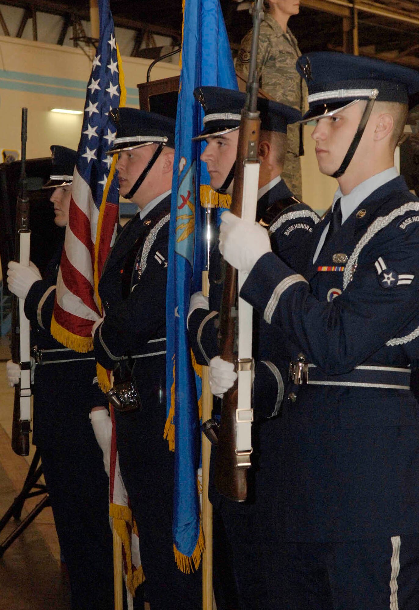 FAIRCHILD AIR FORCE BASE, Wash. – Base Honor guard posts the colors to start off the 92nd Maintenance Group Annual Awards Banquet here April 17. (U.S. Air Force photo / Airman 1st Class Darlene West)