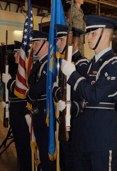 FAIRCHILD AIR FORCE BASE, Wash. – Base Honor guard posts the colors to start off the 92nd Maintenance Group Annual Awards Banquet here April 17. (U.S. Air Force photo / Airman 1st Class Darlene West)
