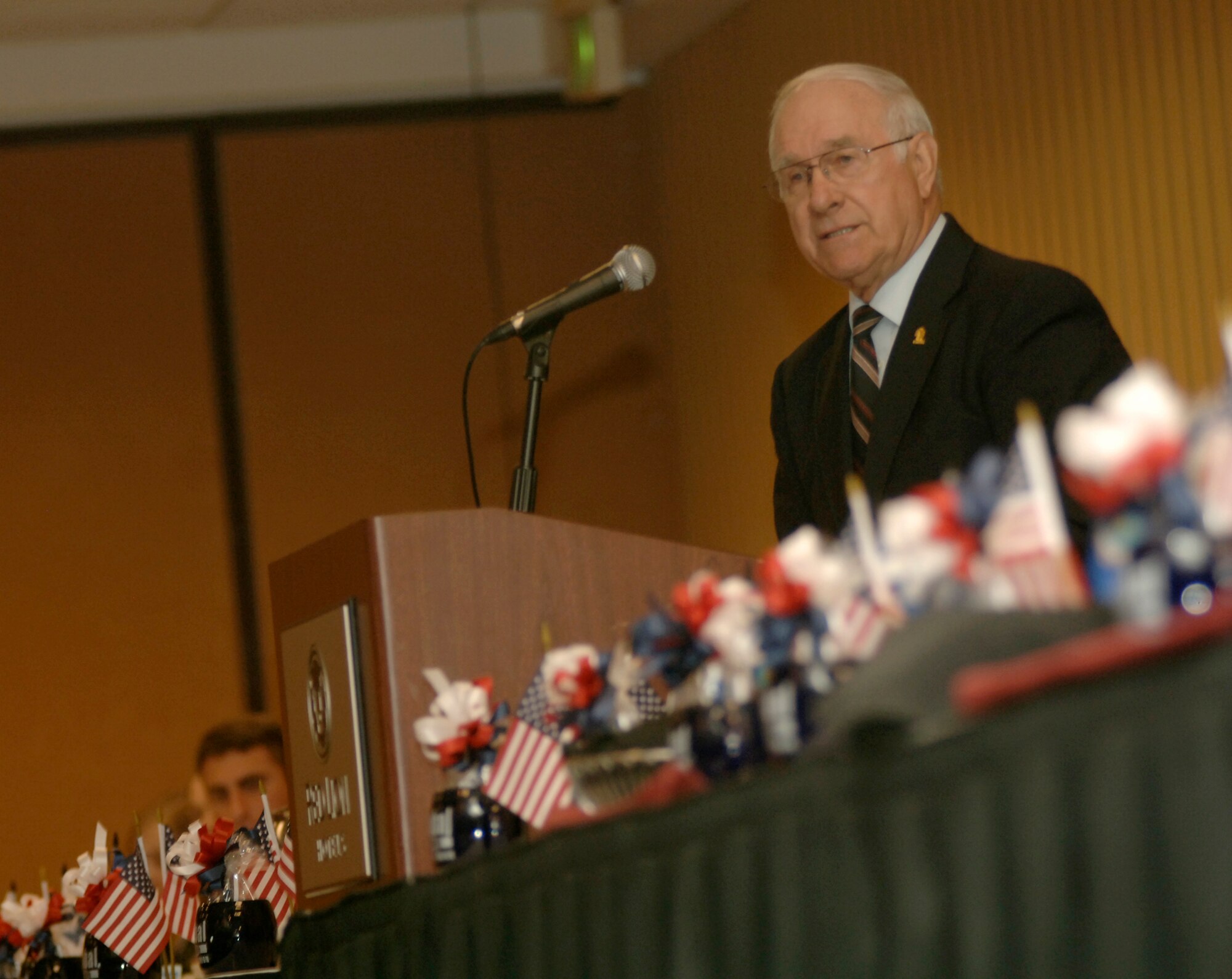 FAIRCHILD AIR FORCE BASE, Wash. – Eighth Chief Master Sgt. of the Air Force Sam Parrish speaks to the attendees of the 2008 Armed Forces Person of the Year awards ceremony held at the Red Lion Hotel in downtown Spokane on April 17. (U.S. Air Force photo / Senior Airman Chad Watkins)