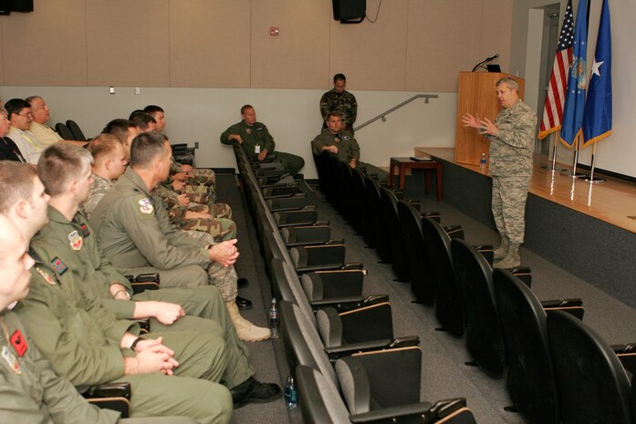 NELLIS AIR FORCE BASE, Nev.—Brig. Gen. Michael A. Longoria, 93rd Air Ground Operations Wing commander, addresses students and guests at the Air Support Operations Center inaugural graduation ceremony held in the Combined Air Operations Center – Nellis auditorium April 18. (U.S. Air Force photo/Staff Sgt. Jacob R. McCarthy)