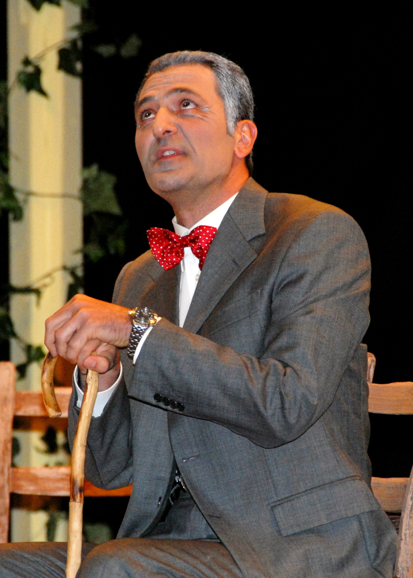 Dr. Scott, played by Italian air force Lt. Col. Davide Re, speaks about the mystery of Cliff Edge, the house that is surrounded by suspicion in Tim Kelly's "The Uninvited." The ENJJPT Players performed for the audience April 16-19 at the community activities center. The acting troupe will present the proceeds of the four-day play to local charities. (U.S. Air Force photo/Mike Litteken)