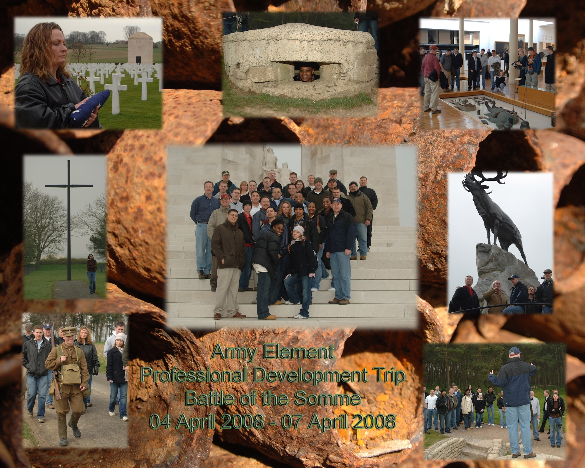 The JAC U.S. Army Professional Development Trip led by JAC Army Element Commander, Maj. Bret Kinman visited the battlefields of the Somme in France.  The collage of photos of the visit is set against a background of expended shells unearthed on the battlefields.  (U. S. Air Force Photo by Staff Sgt. Chad E. Chisholm)
