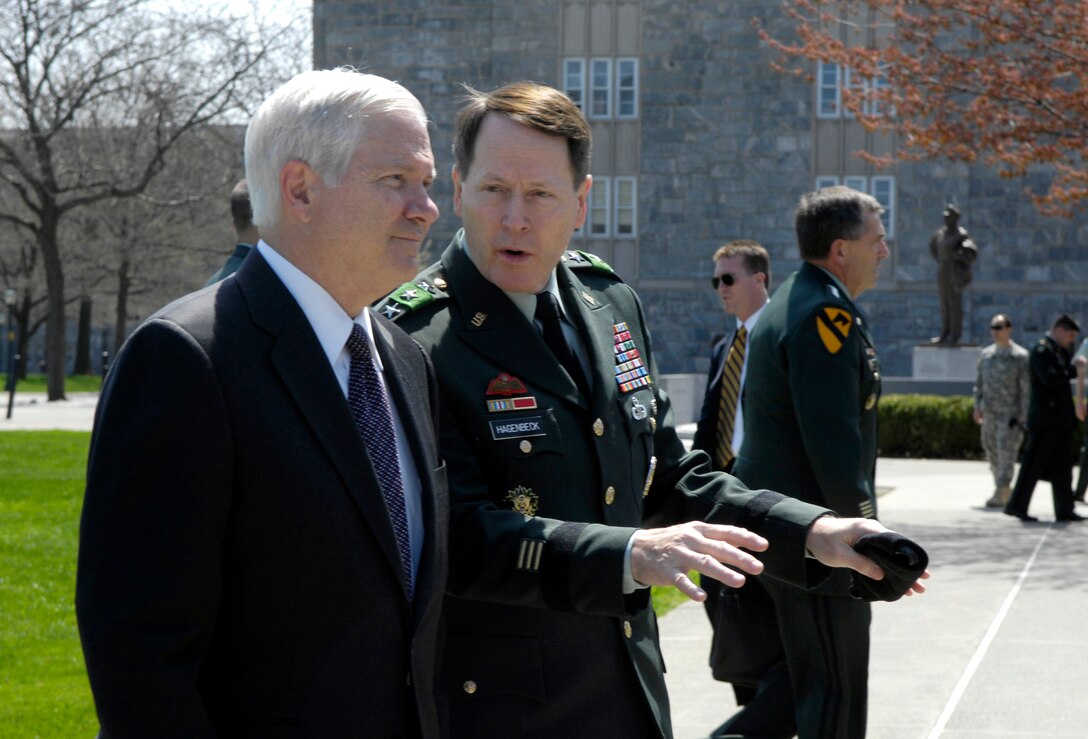 U.S. Army Lt. Gen. Franklin Hagenbeck, superintendent of the United States Military Academy at West Point, N.Y., speaks with Defense Secretary Robert M. Gates upon his arrival at West Point, April 21, 2008. 