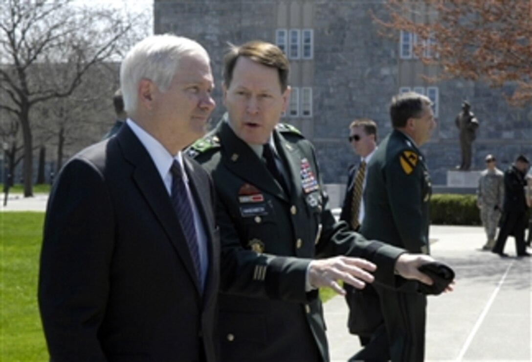 U.S. Army Lt. Gen. Franklin Hagenbeck, superintendent of the United States Military Academy at West Point, N.Y., speaks with Defense Secretary Robert M. Gates upon his arrival at West Point, April 21, 2008. 