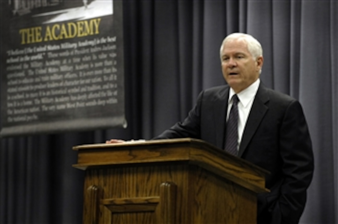 Defense Secretary Robert M. Gates speaks to a group of 84 senior cadets majoring in Advanced National Security Studies at the United States Military Academy at West Point, N.Y., April 21, 2008. 