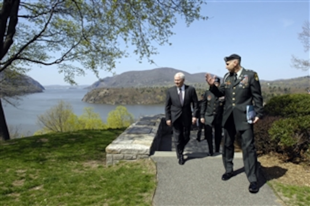 Defense Secretary Robert M. Gates receives a tour of Trophy Point at the United States Military Academy at West Point, N.Y., April 21, 2008. 