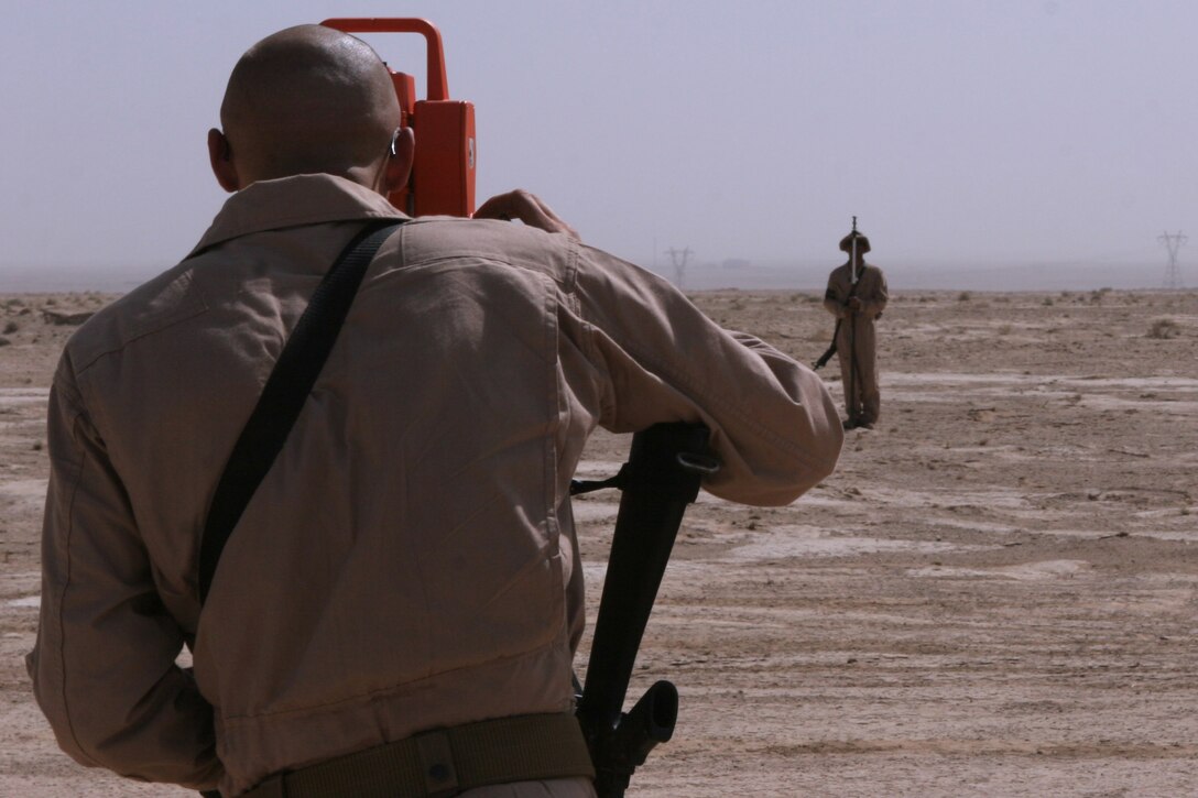 The Marines with Marine Wing Support Squadron 172, 3rd Marine Aircraft Wing (Forward), maintain and create helicopter-landing zones at various locations in Iraq. Surveying the area to determine distance, elevation and angles is done during all phases of the operation.