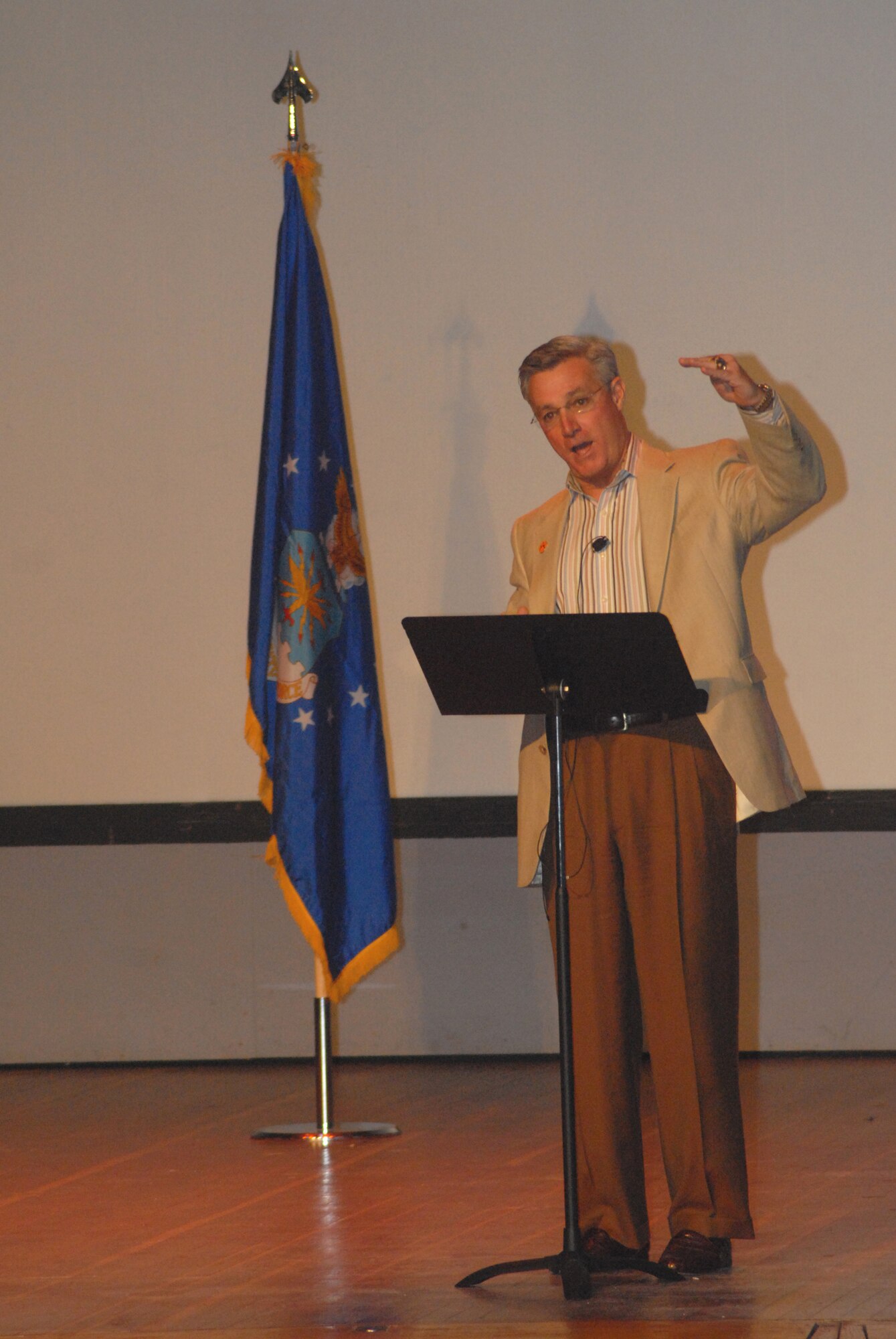 Clemson University Head Football Coach Tommy Bowden spoke to Pope Airmen at the theater here during the National Prayer Luncheon April 17. The event featured record attendance with more than 500 people served. Three religions were highlighted throughout the lunch and also featured “tailgate” style food and the Fayetteville State Chorus. (U.S. Air Force Photo by Staff Sgt. Jon LaDue)