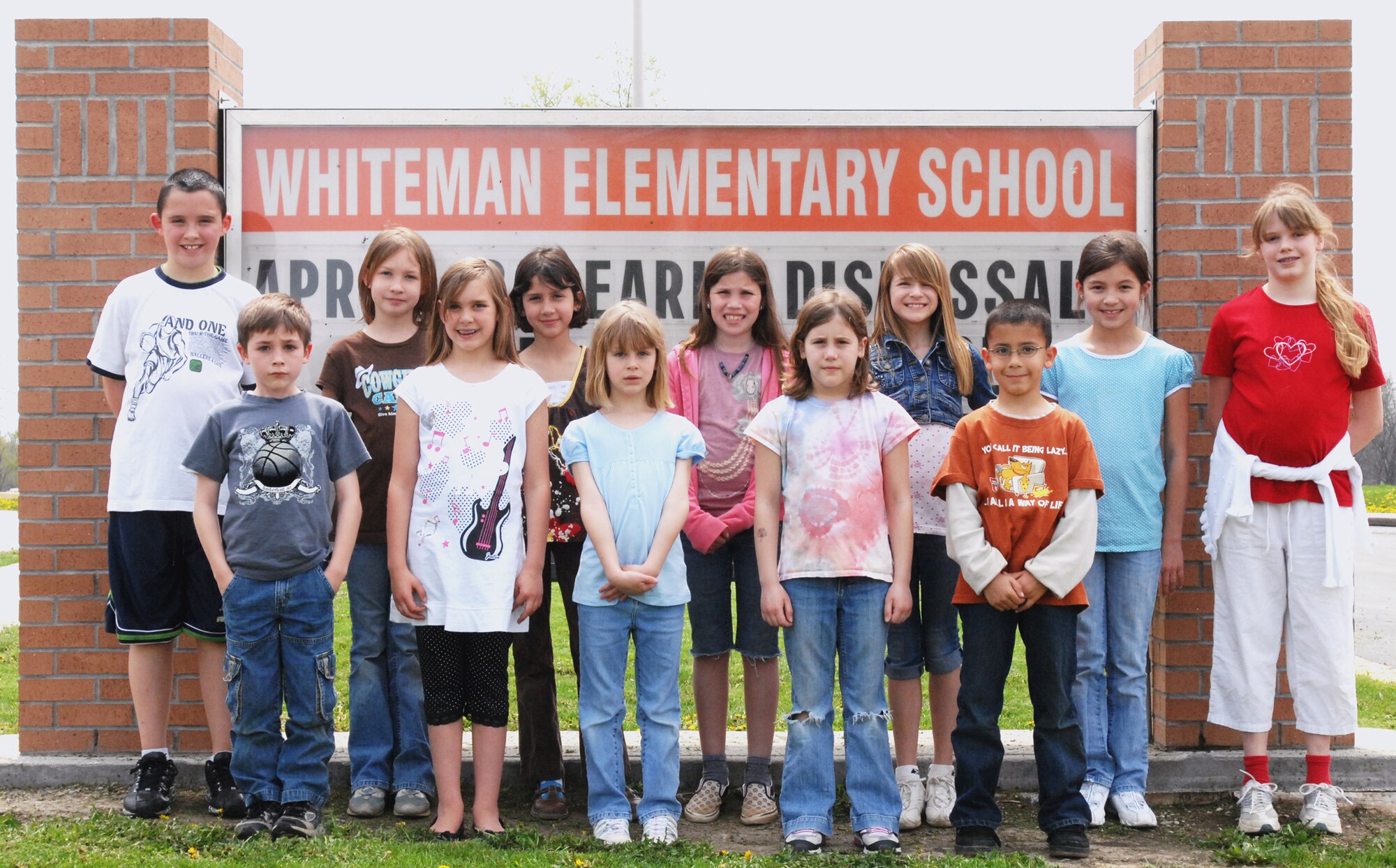 WHITEMAN AIR FORCE BASE, Mo. - Back Row left to right: Keegan McFarland, Alexandria Lancaster, Kristin Winslow, Danielle Bussierre, Paige Teel, Madison Stoddard, Ashley Meierhofer. Front Row left to right: Jack Hale, Avery Snelling, Meghan Chrisman, Elizabeth Eccleton, Andrew Winslow.
Twelve students from Whiteman Elementary attended the Young Authors Conference held at University of Central Missouri April 12. The Young Authors Conference is set up as an opportunity for students to read their stories to authors and receive suggestions to hlep them in their writing.