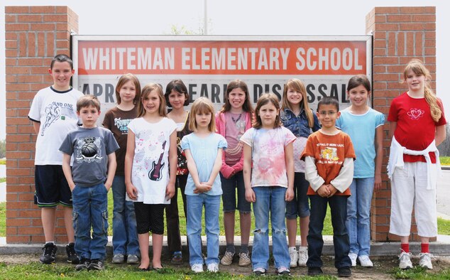 WHITEMAN AIR FORCE BASE, Mo. - Back Row left to right: Keegan McFarland, Alexandria Lancaster, Kristin Winslow, Danielle Bussierre, Paige Teel, Madison Stoddard, Ashley Meierhofer. Front Row left to right: Jack Hale, Avery Snelling, Meghan Chrisman, Elizabeth Eccleton, Andrew Winslow.Twelve students from Whiteman Elementary attended the Young Authors Conference held at University of Central Missouri April 12. The Young Authors Conference is set up as an opportunity for students to read their stories to authors and receive suggestions to hlep them in their writing.