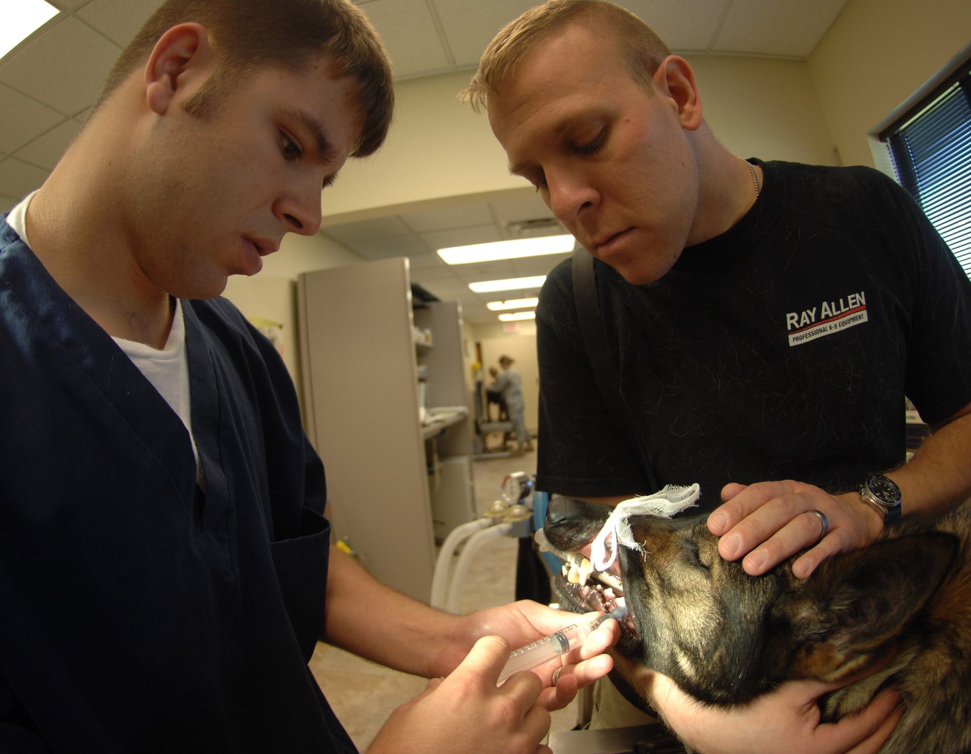 MOODY AIR FORCE BASE, Ga. – U.S. Army Specialist Zachary Phillips, Gulf Coast District Veterinary Command veterinary technician, injects medicine to relax Liza, 23rd Security Forces Squadron working dog, while her handler Staff Sgt. Joseph Boyce, 23rd SFS WMD handler, holds her head steady here April 22. Liza is being seen for her annual dental examination to make sure she is able to perform her mission. (U.S. Air Force photo by Senior Airman Angelita Lawrence)