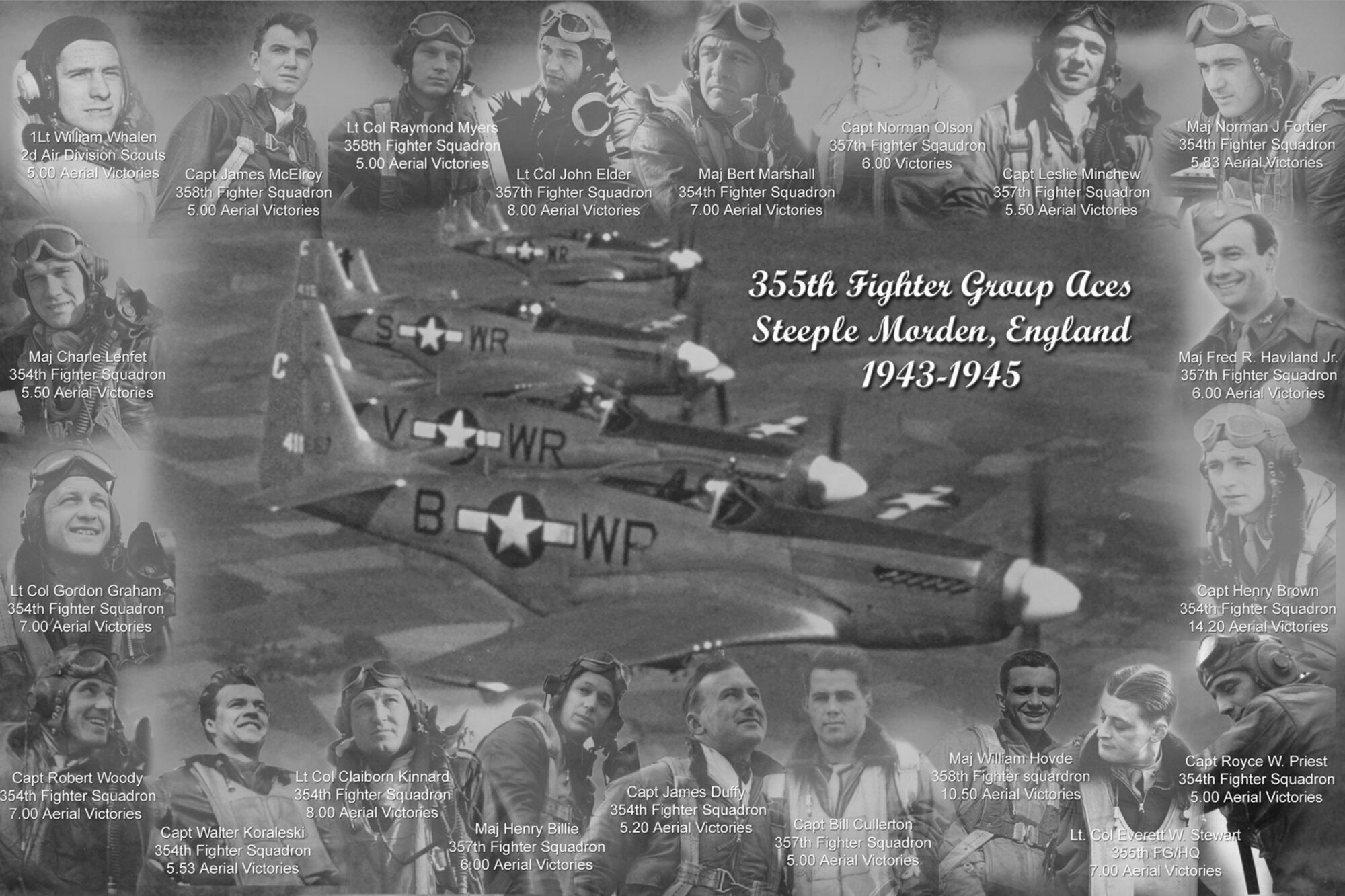355th Fighter Group Aces Steeple Morden, England 1943-1945. (U.S. Air Force graphic by Staff Sgt. Valerie Smith)