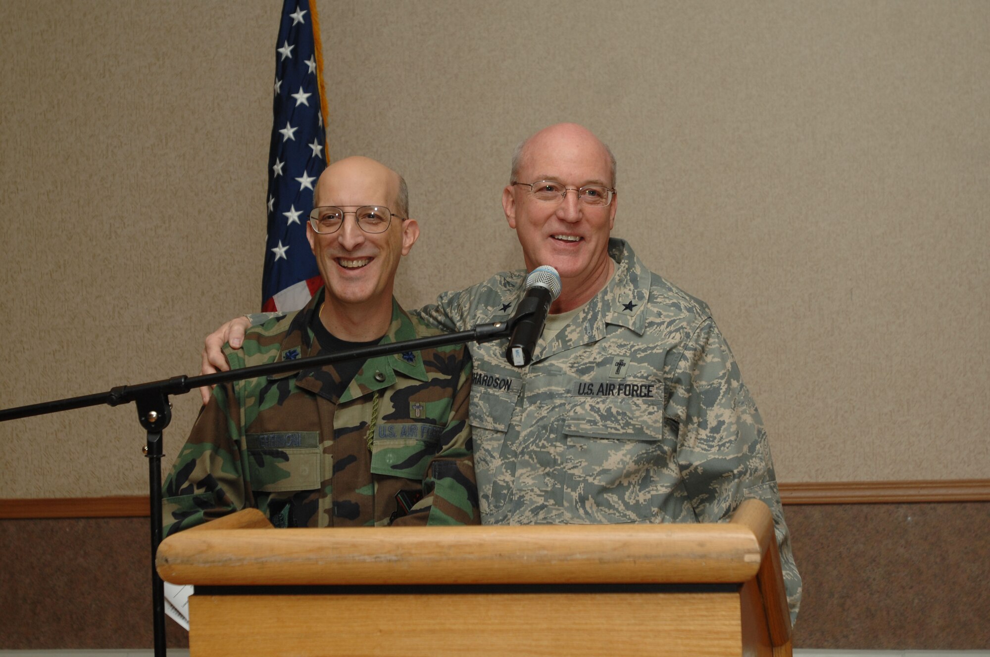 354th Fighter Wing chaplain, Lt. Col. David Terrinoni presents the guest speaker, Air Force deputy chief of chaplains, Brig. Gen. Cecil R. Richardson during the National Prayer Breakfast, Eielson Air Force Base, Alaska, April 16, 2008.  (U.S. Air Force photo/Staff Sgt. Tia Schroeder)