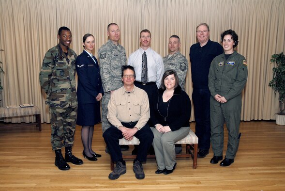 Team Malmstrom honored its finest for the first quarter at a breakfast ceremony April 22 at the Grizzly Bend Club. The winners pictured here are (front row) Daniel Keder, Civilian Supervisor Category II; Tamara Deshner, Civilian Employee Category I; (back row left to right) Airman 1st Class Emanuel Simmons II, Honor Guard of the Quarter; Airman 1st Class Rose Sandeen, Airman of the Quarter; Tech. Sgt. Steven Redmond, NCO of the Quarter; Kirk Clark, Civilian Employee, Category II; Master Sgt. Jason Broach, Senior NCO of the Quarter; James Harden, Civilian Supervisor, Category I; and Capt. Abbe Shafer, Company Grade Officer of the Quarter. (U.S. Air Force photo/John Turner)