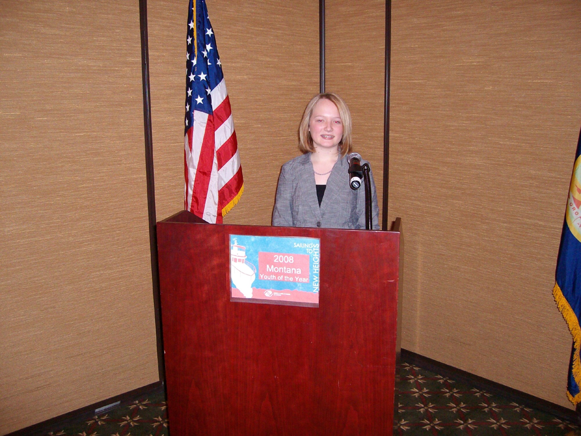 Malmstrom Youth of the Year selectee, Ashley Moore, 16, prepares to deliver her speech at the state competition in Kalispell, Mont., March 28. (Courtesy photo)