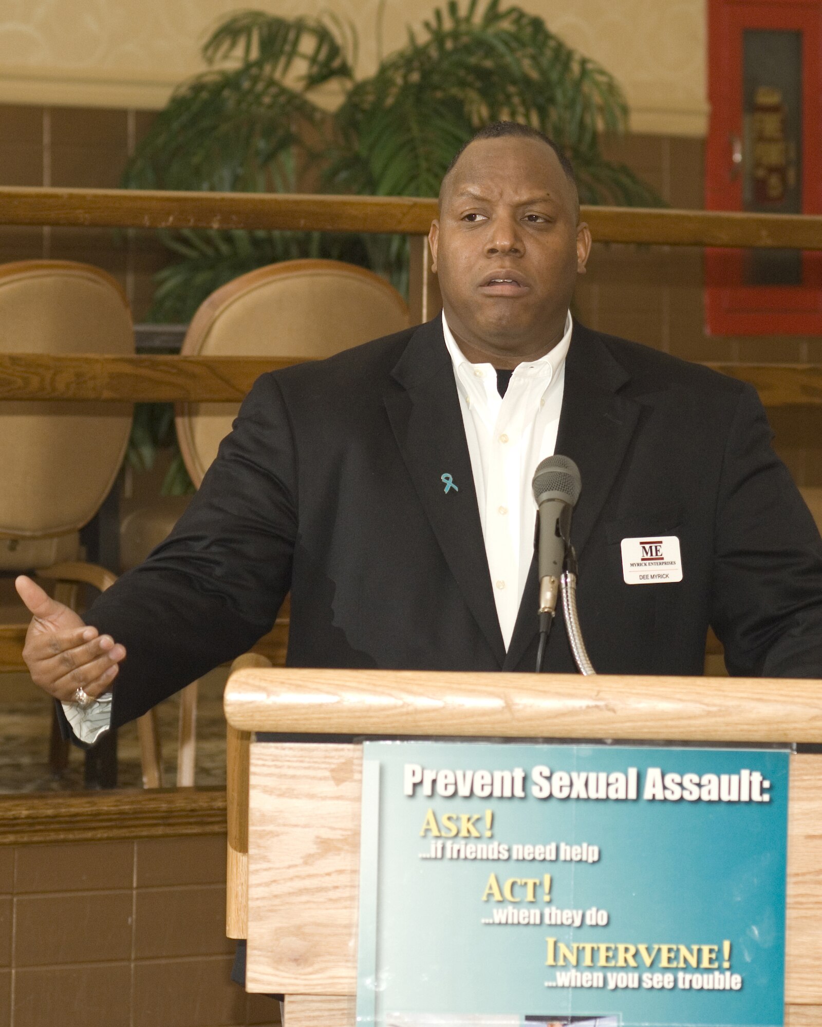 Dr. Dee Myrick, CEO of Myrick Enterprises, speaks to an audience at the Sexual Assault Awareness luncheon at Club Dix April 16. April is Sexual Assault Awareness Month. U.S. Air Force photo/Kenn Mann.