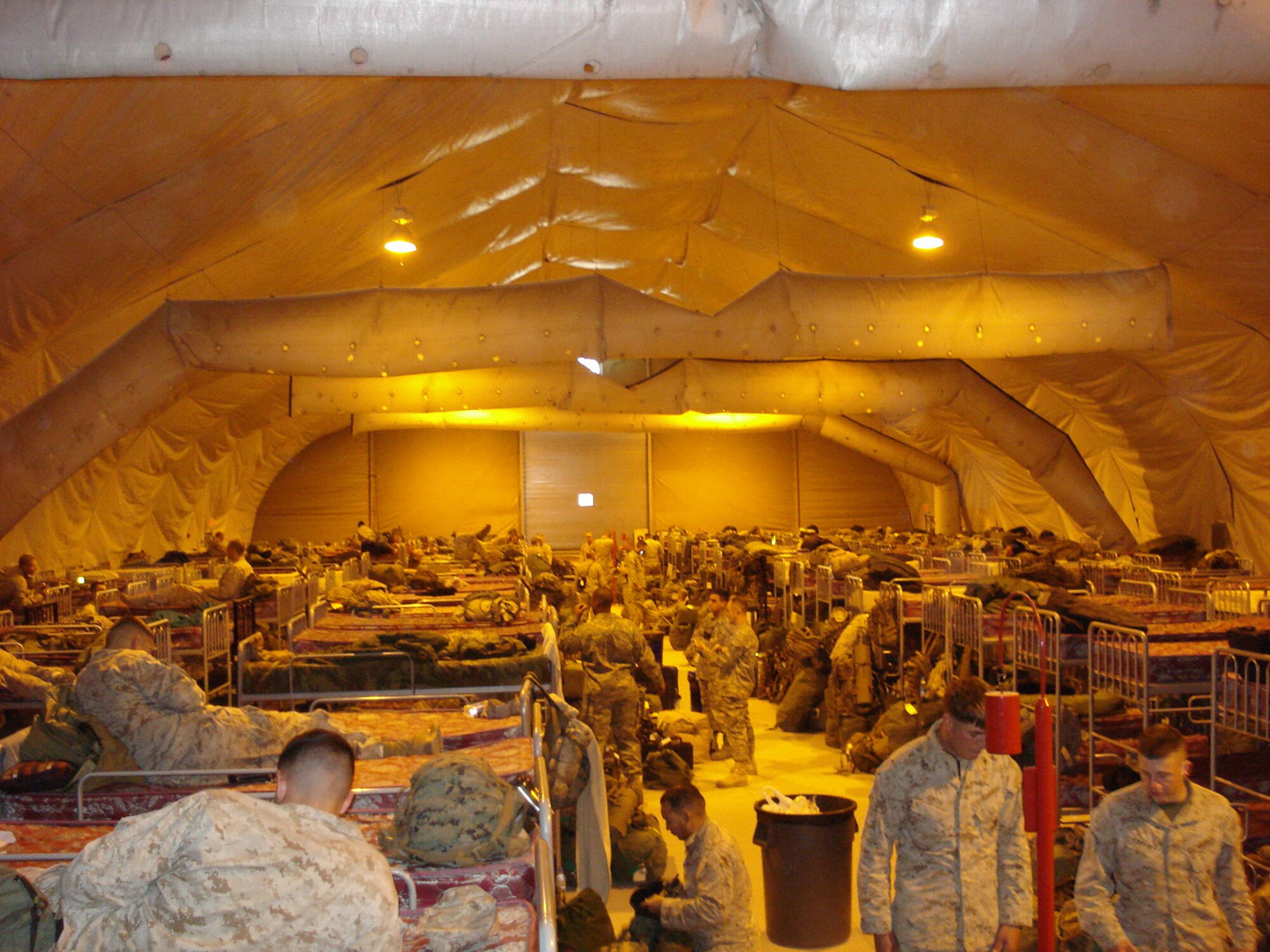 KABUL AIR BASE, Afghanistan -- Senior Master Sgt. Mark Stolar sends this picture back to show the housing arrangements for military members arriving in Kabul. Hundreds of Airmen share dormitory-style living quarters while deployed to Afghanistan. Sergeant Stolar is a Reservist with the 916th Civil Engineer Squadron at Seymour Johnson Air Force Base, N.C. U.S. Air Force photo/SMSgt. Mark Stolar