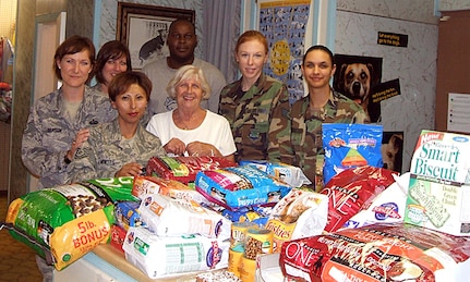 Members of the Air Force Personnel Center Junior Enlisted Council show off some of the donations raised recently to support the Universal City Animal Shelter. The council raised 756 pounds of food, 224 pounds of cat litter, 16 pounds of treats and $155. Front row, from left: Tech. Sgt. Sara Montes and Aina Blake; back row, from left: Tech. Sgt. Sandra Deason, Staff Sgt. Tonya Posey, Sharod White, Staff Sgt. Simona Patrick and Senior Airman Janina-Eva White. (Courtesy photo)