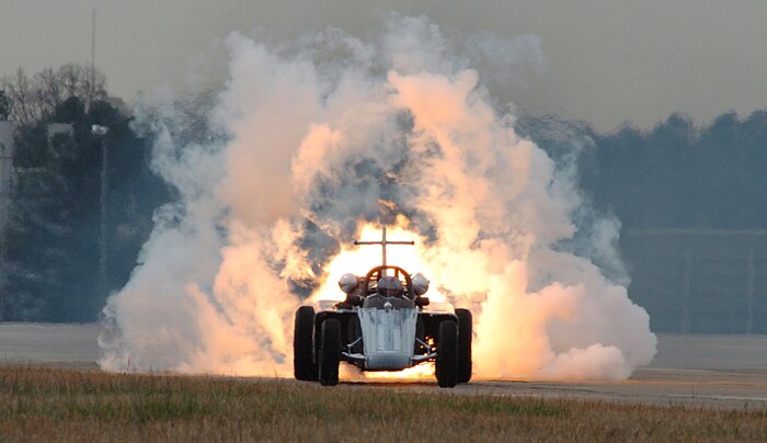The Air Force Reserve Jet Car, driven by retired Master Sgt. Bill Braack, prepares to thunder down the flightline at Dobbins Air Reserve Base, Ga., in a display for a Junior Reserve Officer Training Corps unit October 2007.  The Air Force Reserve "Above and Beyond Jet Car" is powered by a 10,000 horsepower Westinghouse J-34 jet engine from a T-2C Buckeye aircraft. (U.S. Air Force photo/Senior Airman Robert Dennard)