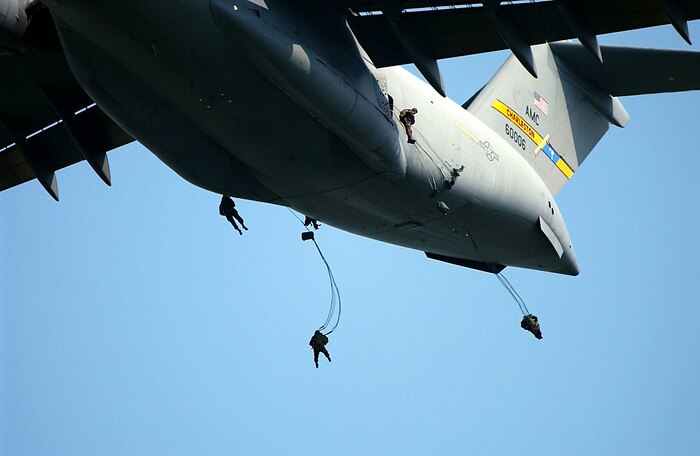 Army 82nd Airborne Division Soldiers from Fort Bragg, N.C., jump from a Charleston AFB C-17 during the 82nd Airborne Division Association?s Annual Convention Aug. 9, 2001. Team Charleston's vision is to provide the premier airlift force for America from the world's premier base. (U.S. Air Force photo/Tech. Sgt. Jeremy Lock)