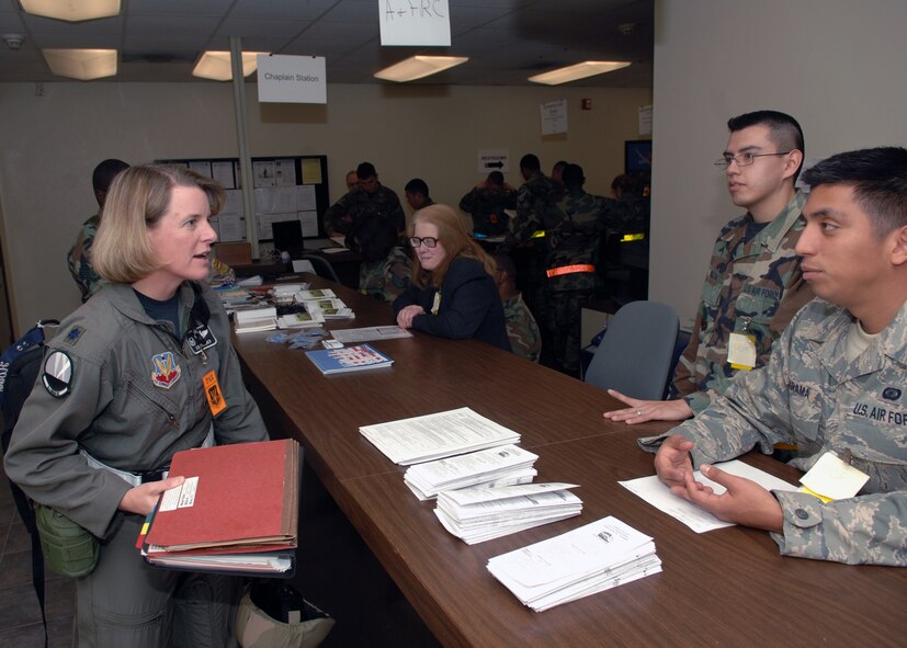 DYESS AIR FORCE BASE, Texas -- A deployer stops at the finance station at the deployment control center during a recent Phase 1 exercise. (U.S. Air Force photo by Airman 1st Class Micheal Breaux)