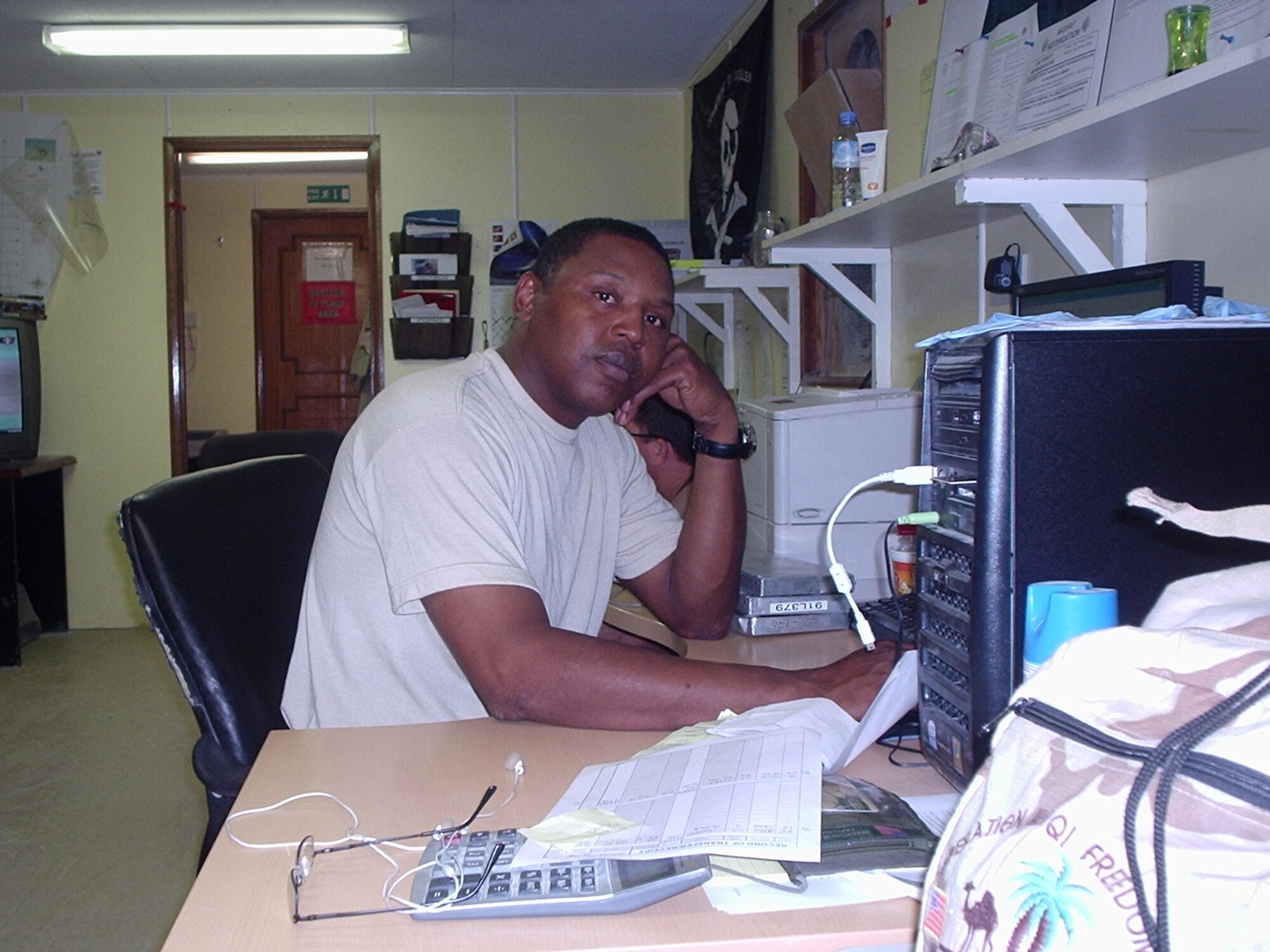 SEYMOUR JOHNSON AIR FORCE BASE, N.C. -- Master Sgt. James Walton closes out the daily fuel inventory while stationed at Al Udeid, Qatar. Sergeant Walton is a fuels technician with the 916th Logistics Readiness Squadron and deployed to Qatar in February.