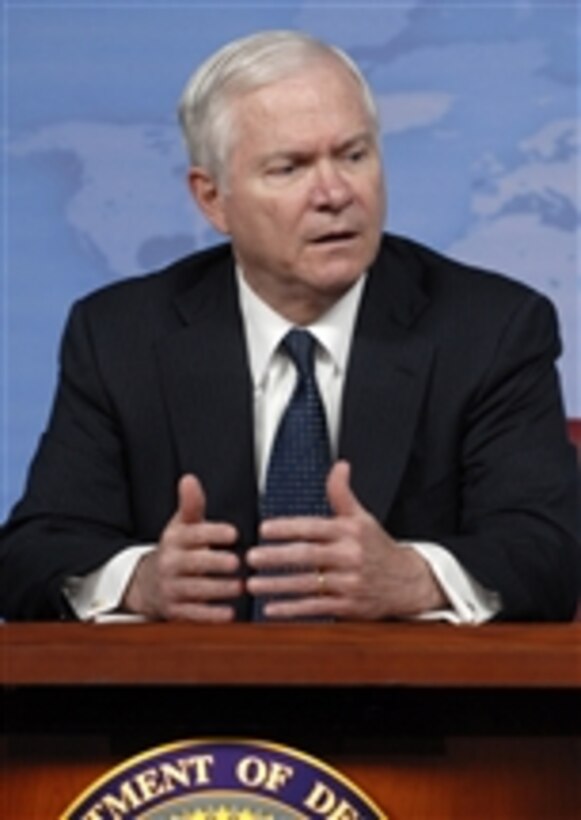 Secretary of Defense Robert M. Gates speaks during a Pentagon press conference where he announced the nomination of Army Gen. David H. Petraeus to be the next U.S. Central Command commander on April 23, 2008.  Gates also announced that Army Lt. Gen. Raymond Odierno would succeed Petraeus as the Multinational Force Iraq commander.  
