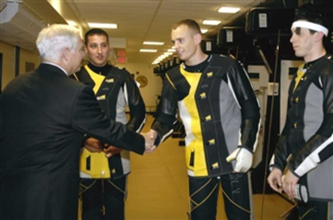 Defense Secretary Robert M. Gates meets with cadets at the indoor rifle range at the U.S. Military Academy at West Point, N.Y., April 21, 2008. 