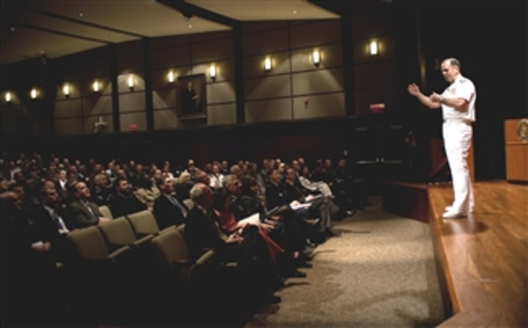 U.S. Navy Adm. Mike Mullen, chairman of the Joint Chiefs of Staff, addresses service members enrolled at the National Defense University, on Fort Leslie J. McNair, Washington , D.C., April 22, 2008. 