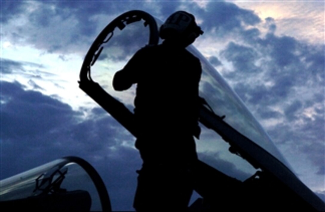 Airman Kelvin Brown cleans the canopy of an F/A-18C Hornet assigned to Strike Fighter Squadron 195 aboard the aircraft carrier USS Kitty Hawk , April 21, 2008. Brown, a plane captain, is in charge of performing maintenance on an aircraft once it has landed. 
