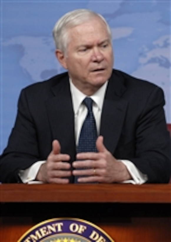 Secretary of Defense Robert M. Gates speaks during a Pentagon press conference where he announced the nomination of Army Gen. David H. Petraeus to be the next U.S. Central Command commander on April 23, 2008.  Gates also announced that Army Lt. Gen. Raymond Odierno would succeed Petraeus as the Multinational Force Iraq commander.  